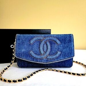 Chanel Timeless Denim Clutch Wallet With Chain Crossbody Handbag